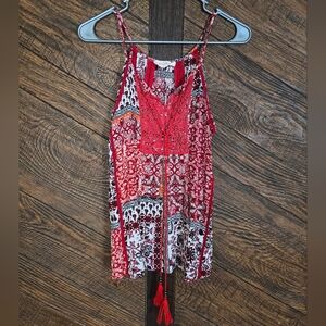Solitaire Red and White Patterned Tank Top Small Boho Bohemian